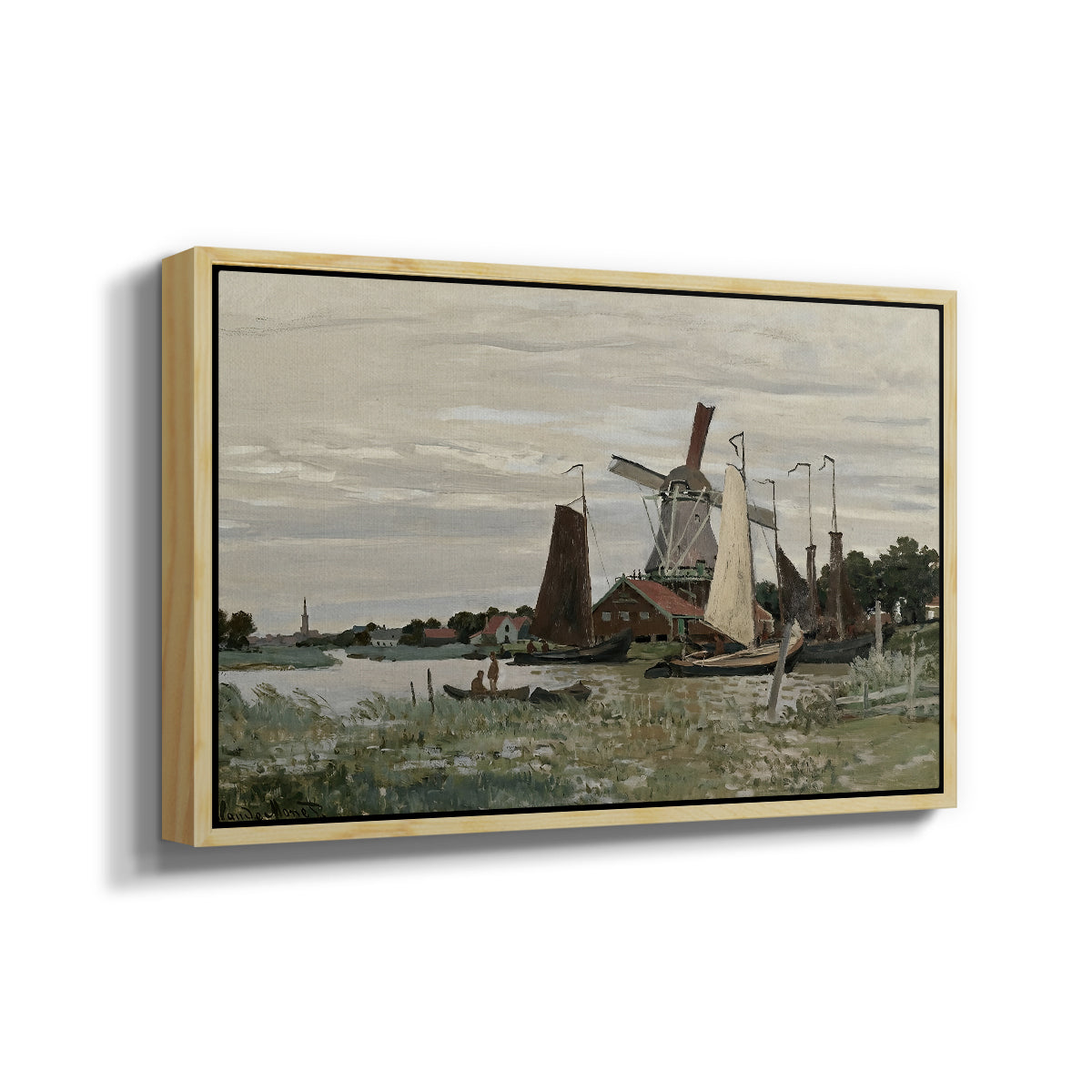 Angled view of Windmill at Zaandam, 1871 by Claude Monet in a natural wood floater framed canvas.