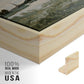 Close-up of the natural wood floater frame corner and gallery wrapped canvas construction.