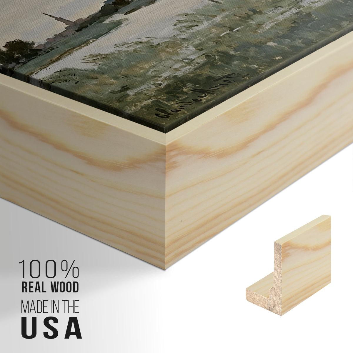Close-up of the natural wood floater frame corner and gallery wrapped canvas construction.