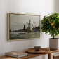 Windmill at Zaandam, 1871 by Claude Monet, presented in a natural wood floater framed canvas featuring a single windmill beside water with surrounding buildings and sky, displayed above a hallway console table.