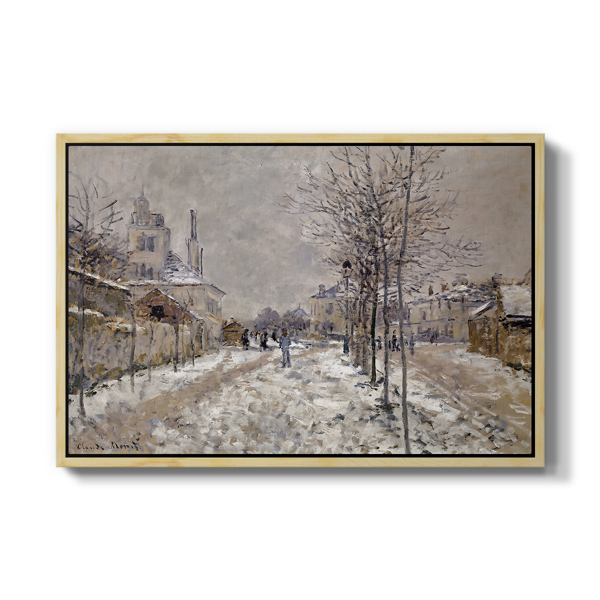 The Boulevard de Pontoise at Argenteuil, Snow Effect, 1875 by Claude Monet in a natural wood floater framed canvas wall art display.