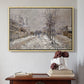 Natural wood floater framed canvas featuring The Boulevard de Pontoise at Argenteuil, Snow Effect, 1875 by Claude Monet above an entryway table in a minimalist foyer.