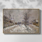 Front view of The Boulevard de Pontoise at Argenteuil, Snow Effect, 1875 by Claude Monet in a natural wood floater framed canvas.