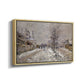Angled view of The Boulevard de Pontoise at Argenteuil, Snow Effect, 1875 by Claude Monet in a natural wood floater framed canvas.