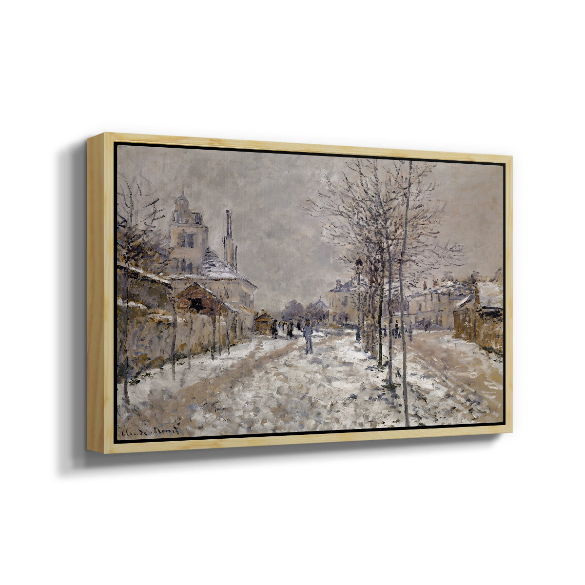 Angled view of The Boulevard de Pontoise at Argenteuil, Snow Effect, 1875 by Claude Monet in a natural wood floater framed canvas.
