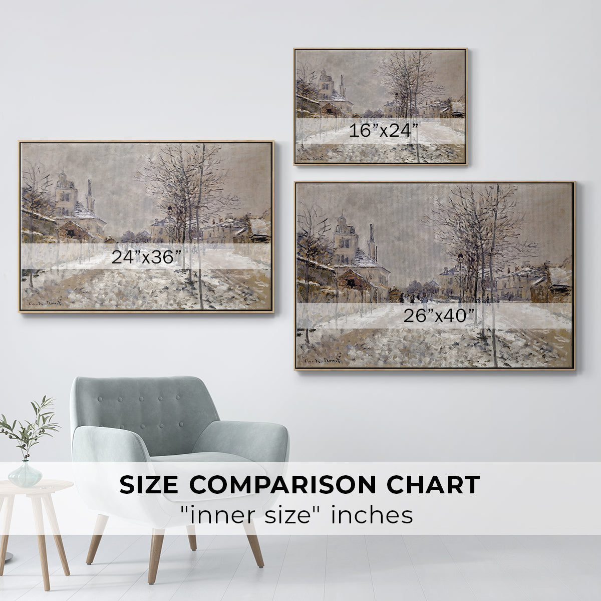 Size comparison chart for natural wood floater framed canvas featuring The Boulevard de Pontoise at Argenteuil, Snow Effect, 1875 by Claude Monet.