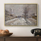 The Boulevard de Pontoise at Argenteuil, Snow Effect, 1875 by Claude Monet in a natural wood floater framed canvas displayed above a console table in a hallway, featuring an urban winter landscape with muted tones and soft light.