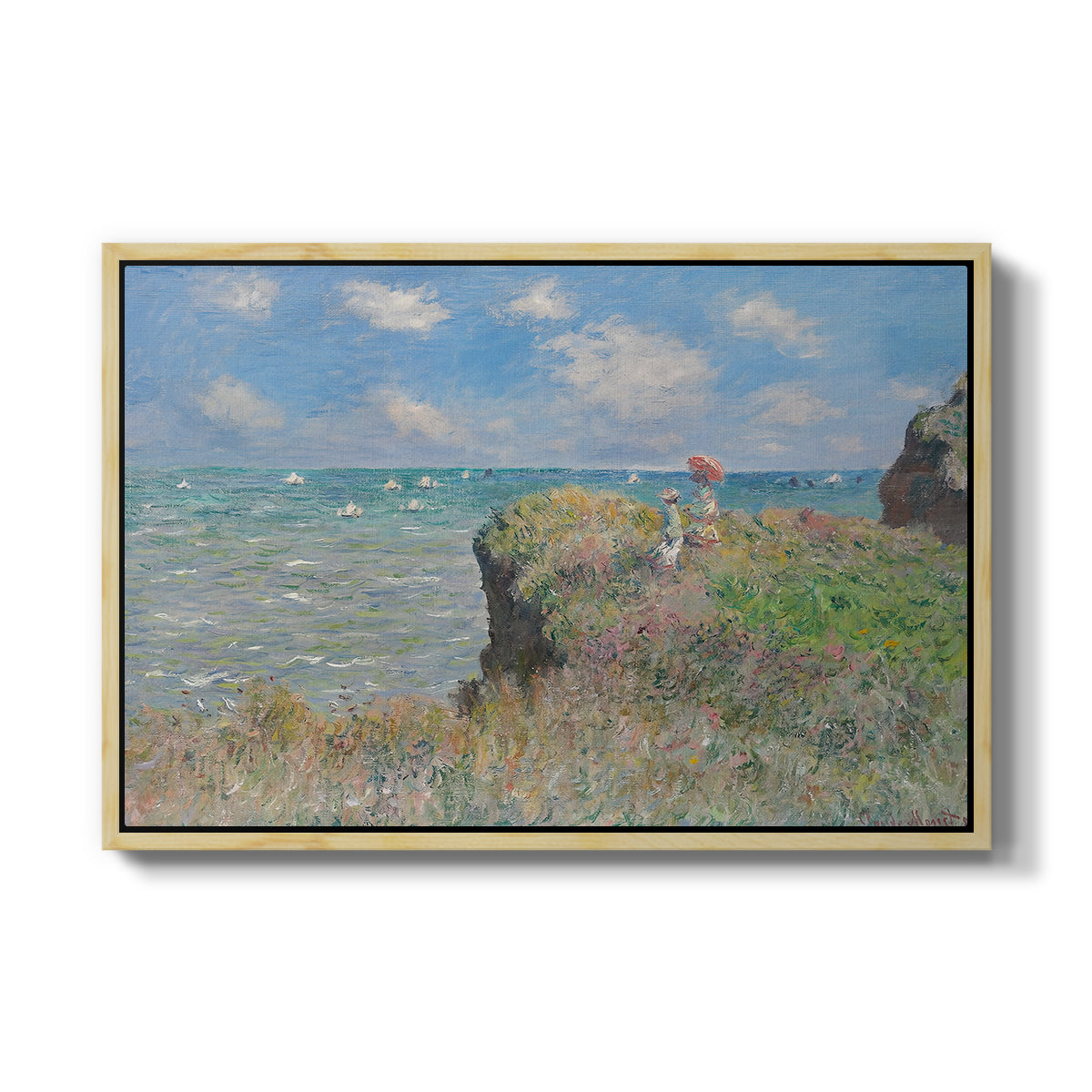 The Cliff Walk at Pourville, 1882 by Claude Monet in a natural wood floater framed canvas wall art display.
