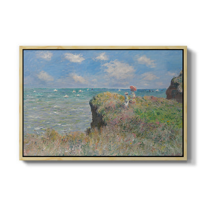 The Cliff Walk at Pourville, 1882 by Claude Monet in a natural wood floater framed canvas wall art display.