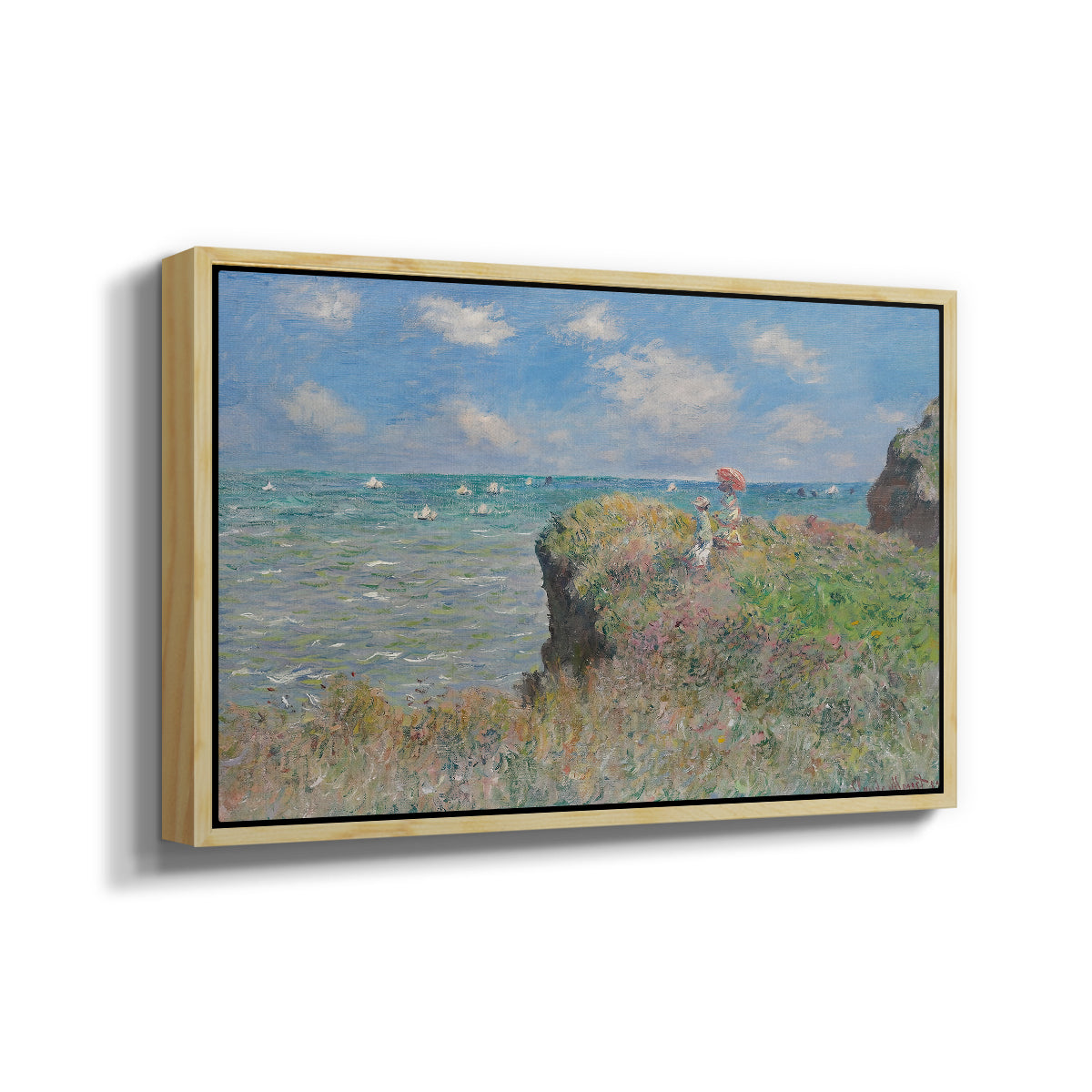 Angled view of The Cliff Walk at Pourville, 1882 by Claude Monet in a natural wood floater framed canvas.
