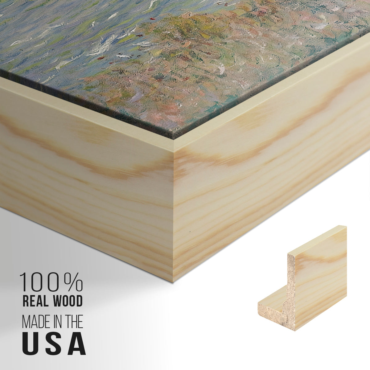 Close-up of the natural wood floater frame corner and gallery wrapped canvas construction.