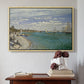 Natural wood floater framed canvas featuring Regatta at Sainte-Adresse, 1867 by Claude Monet above an entryway table in a minimalist foyer.