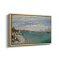 Angled view of Regatta at Sainte-Adresse, 1867 by Claude Monet in a natural wood floater framed canvas.