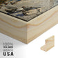 Close-up of the natural wood floater frame corner and gallery wrapped canvas construction.