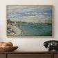 Regatta at Sainte-Adresse, 1867 by Claude Monet in a natural wood floater framed canvas displayed above a console table in a hallway, featuring a nautical scene with boats racing near seaside town.