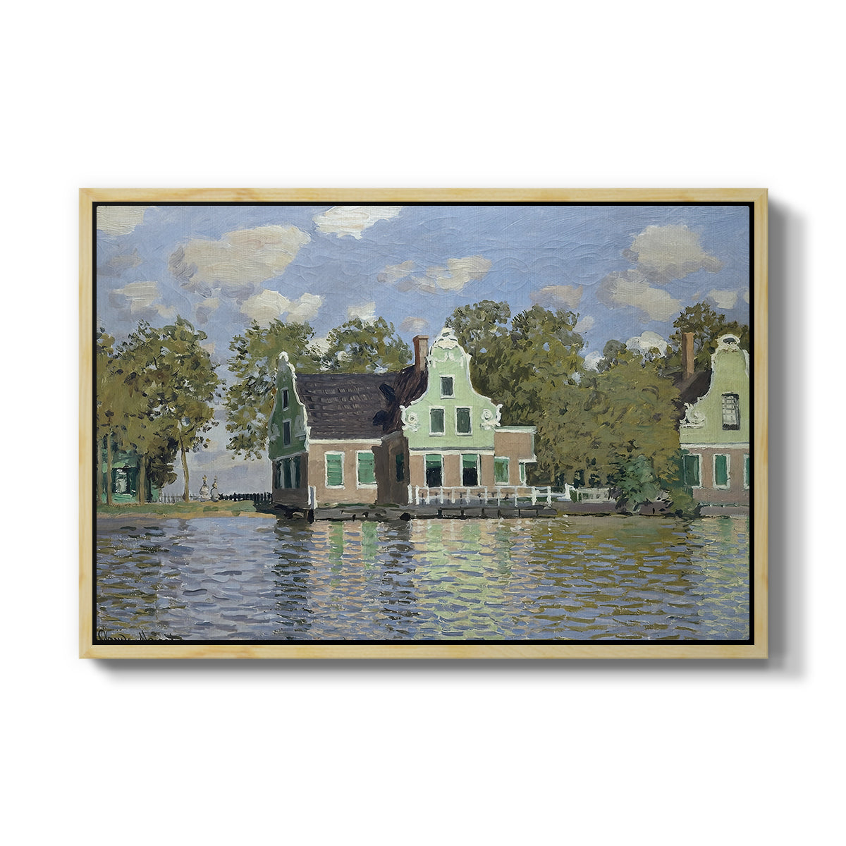 Houses on the Zaan River at Zaandam, 1871 by Claude Monet in a natural wood floater framed canvas wall art display.