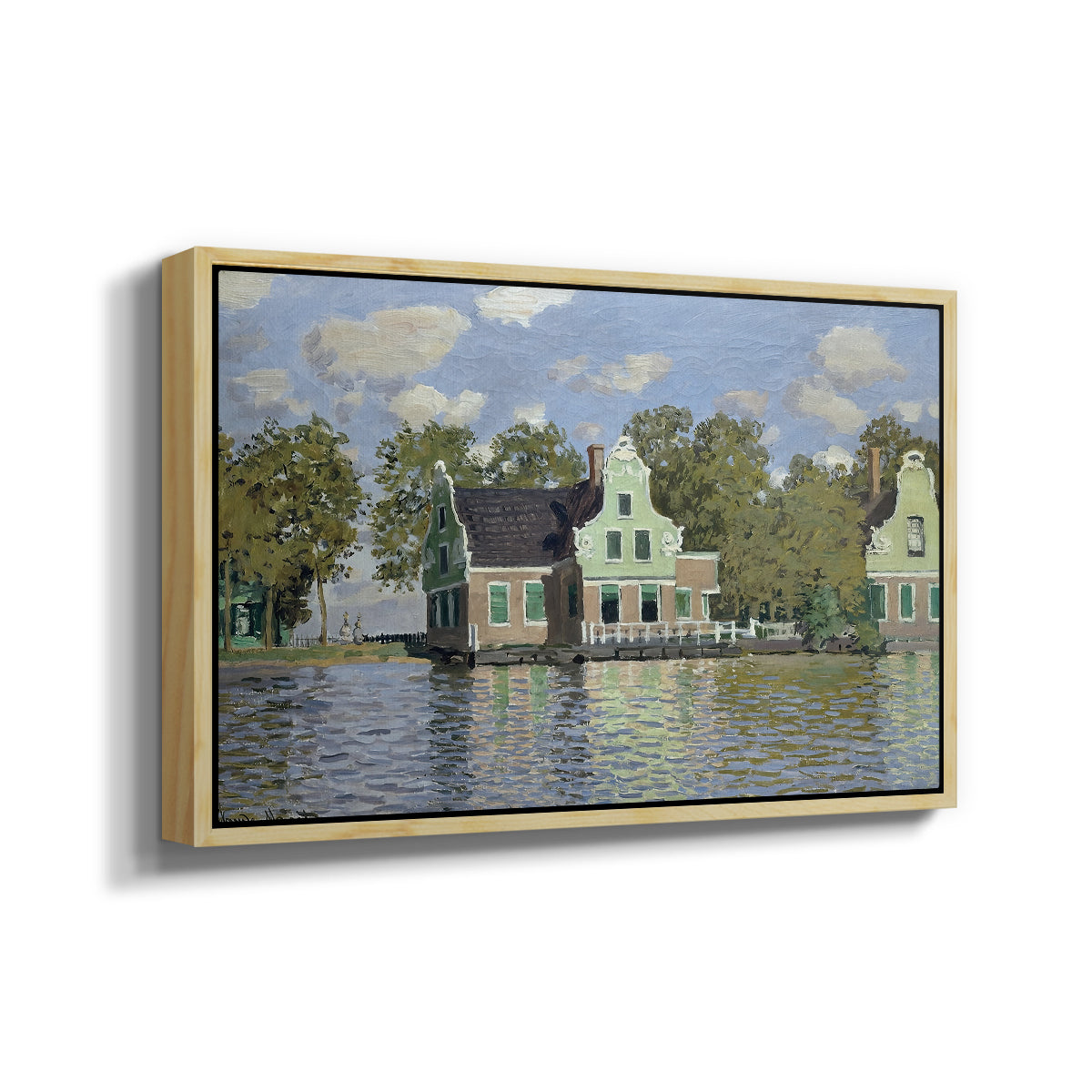 Angled view of Houses on the Zaan River at Zaandam, 1871 by Claude Monet in a natural wood floater framed canvas.