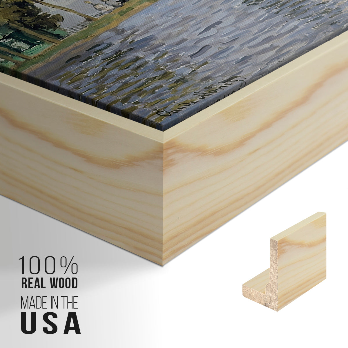 Close-up of the natural wood floater frame corner and gallery wrapped canvas construction.