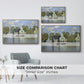 Size comparison chart for natural wood floater framed canvas featuring Houses on the Zaan River at Zaandam, 1871 by Claude Monet.