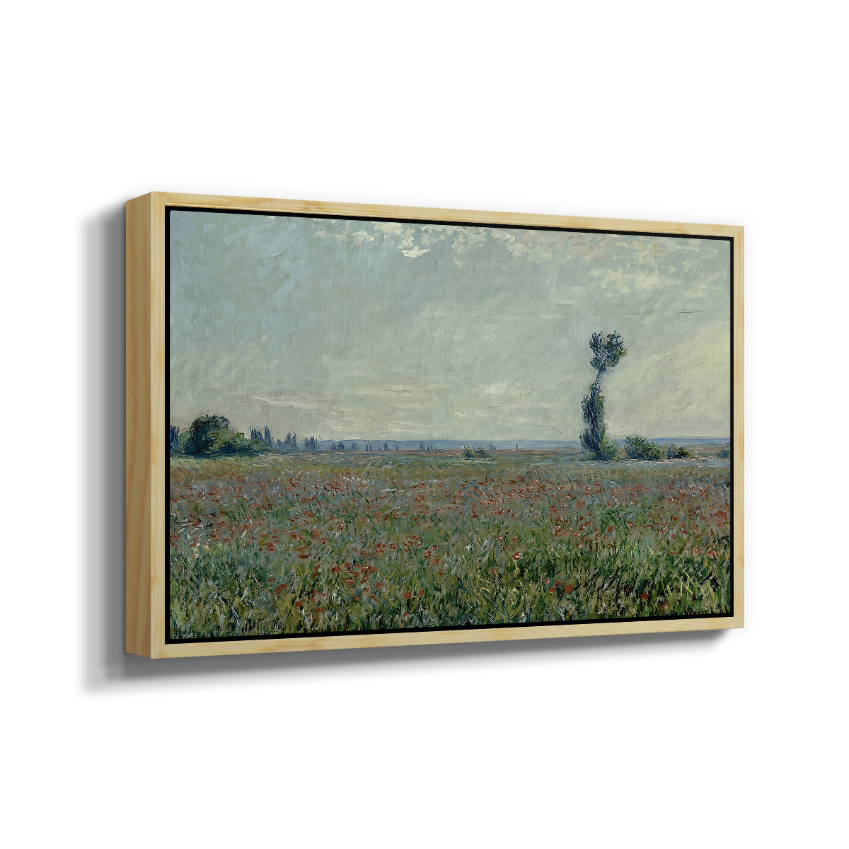 Angled view of Poppy Field, 1881 by Claude Monet in a natural wood floater framed canvas.