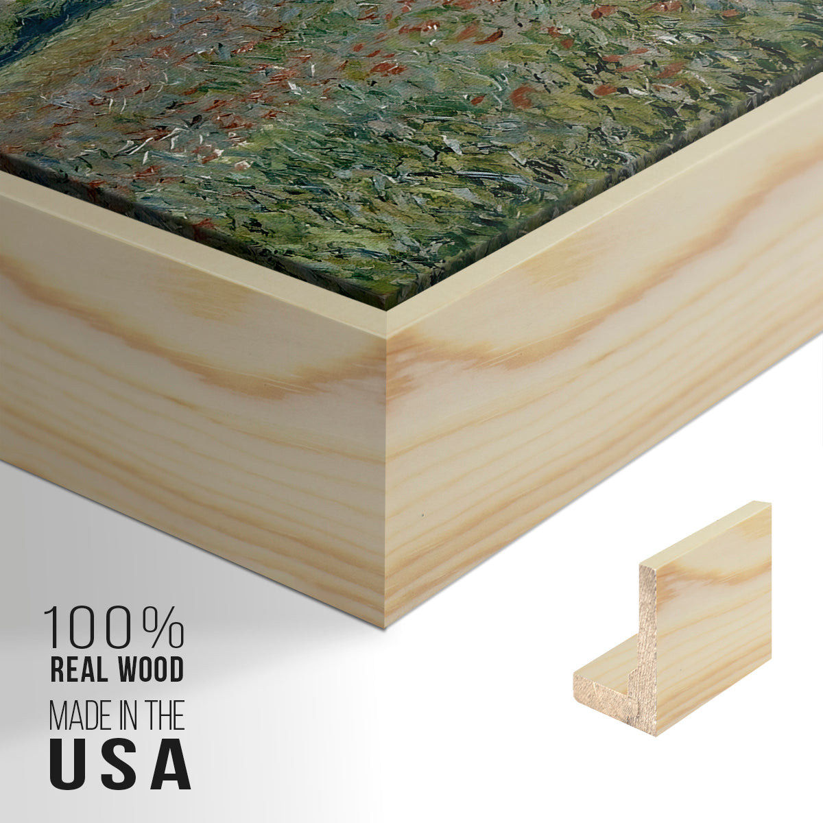 Close-up of the natural wood floater frame corner and gallery wrapped canvas construction.