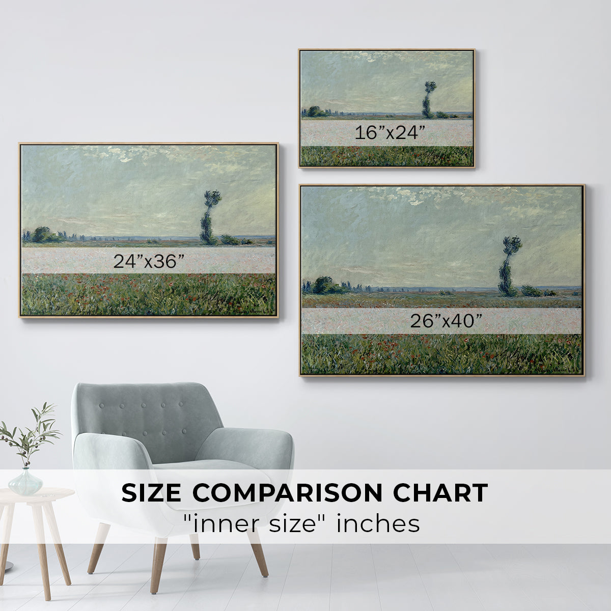 Size comparison chart for natural wood floater framed canvas featuring Poppy Field, 1881 by Claude Monet.