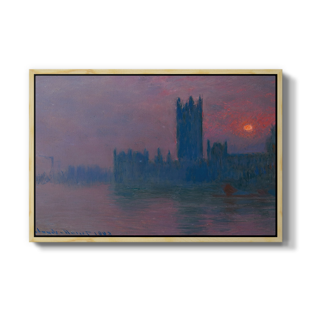 The Houses of Parliament, Sunset, 1903 by Claude Monet in a natural wood floater framed canvas wall art display.