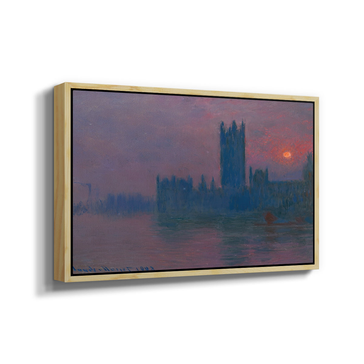 Angled view of The Houses of Parliament, Sunset, 1903 by Claude Monet in a natural wood floater framed canvas.
