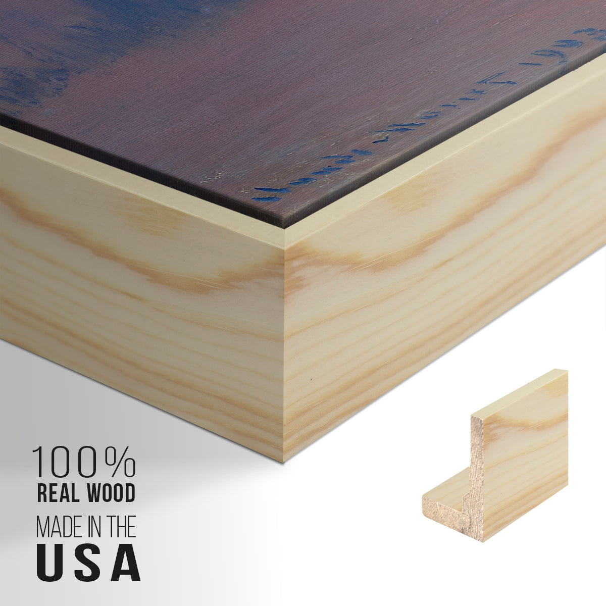 Close-up of the natural wood floater frame corner and gallery wrapped canvas construction.