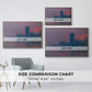 Size comparison chart for natural wood floater framed canvas featuring The Houses of Parliament, Sunset, 1903 by Claude Monet.