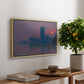 The Houses of Parliament, Sunset, 1903 by Claude Monet, presented in a natural wood floater framed canvas featuring a silhouette of Parliament buildings against glowing sunset across river, displayed above a hallway console table.