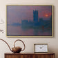 Natural wood floater framed canvas featuring an atmospheric London scene with buildings fading into haze, displayed above a cabinet in a soft-toned living room.