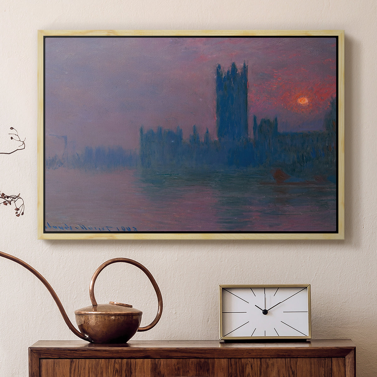 Natural wood floater framed canvas featuring an atmospheric London scene with buildings fading into haze, displayed above a cabinet in a soft-toned living room.
