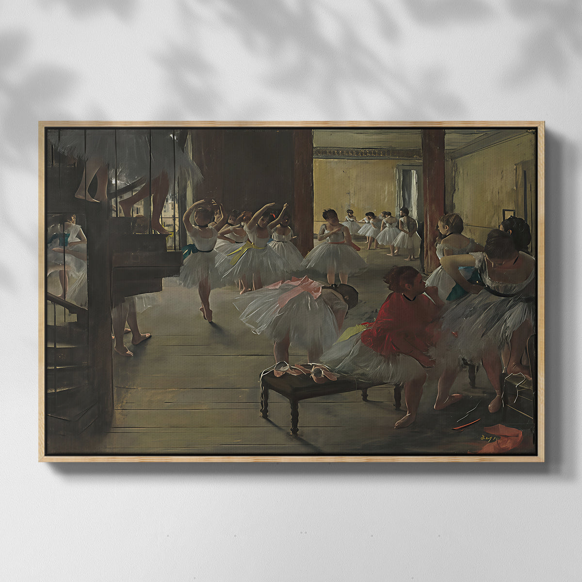 Front view of The Dance Class, c. 1873 by Edgar Degas in a natural wood floater framed canvas.
