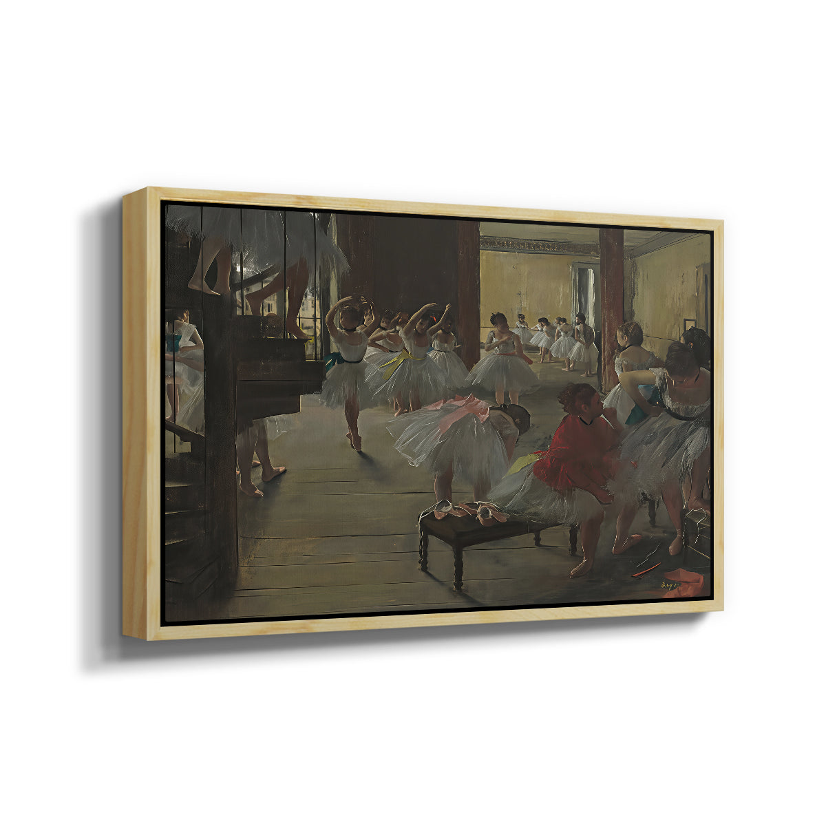 Angled view of The Dance Class, c. 1873 by Edgar Degas in a natural wood floater framed canvas.