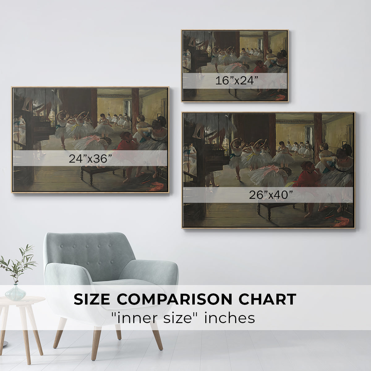 Size comparison chart for natural wood floater framed canvas featuring The Dance Class, c. 1873 by Edgar Degas.