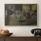 The Dance Class, c. 1873 by Edgar Degas in a natural wood floater framed canvas displayed above a console table in a hallway, featuring a group of dancers preparing during class with natural light.