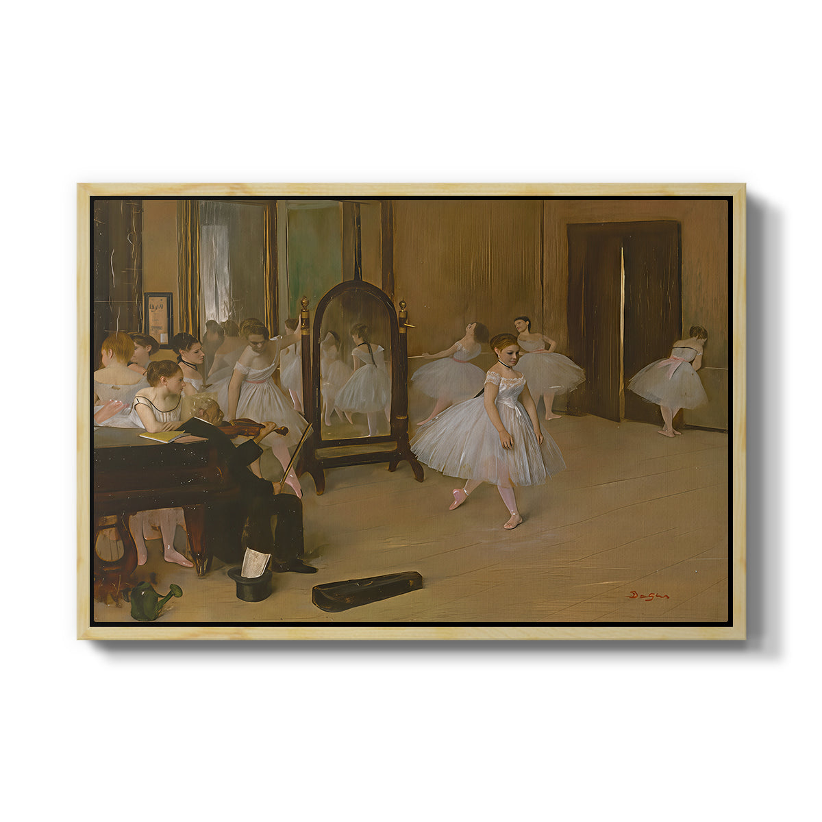 The Dancing Class, c. 1870 by Edgar Degas in a natural wood floater framed canvas wall art display.