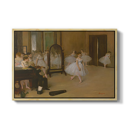 The Dancing Class, c. 1870 by Edgar Degas in a natural wood floater framed canvas wall art display.