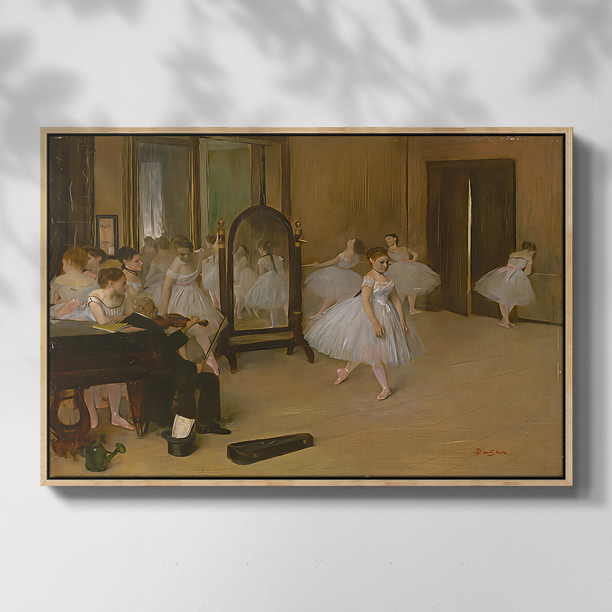 Front view of The Dancing Class, c. 1870 by Edgar Degas in a natural wood floater framed canvas.