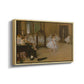 Angled view of The Dancing Class, c. 1870 by Edgar Degas in a natural wood floater framed canvas.