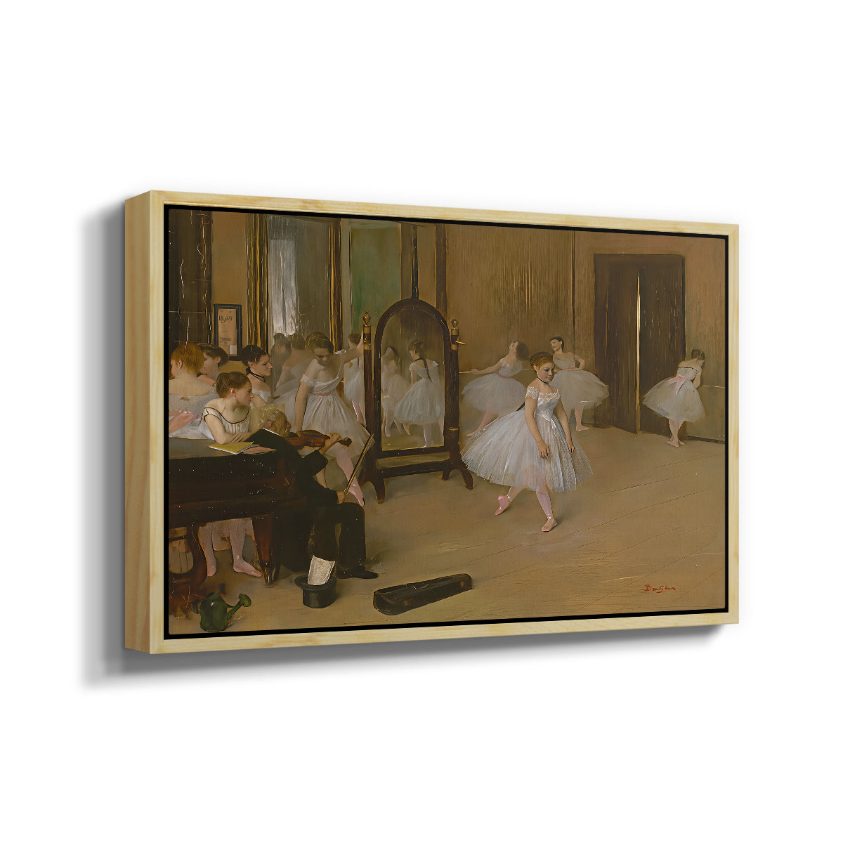 Angled view of The Dancing Class, c. 1870 by Edgar Degas in a natural wood floater framed canvas.