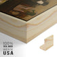 Close-up of the natural wood floater frame corner and gallery wrapped canvas construction.