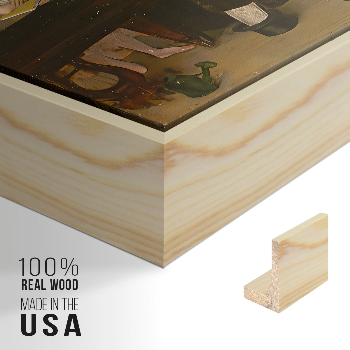 Close-up of the natural wood floater frame corner and gallery wrapped canvas construction.