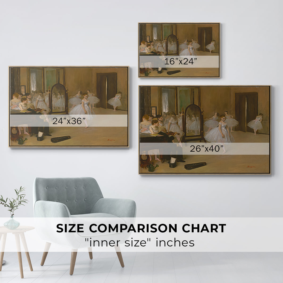 Size comparison chart for natural wood floater framed canvas featuring The Dancing Class, c. 1870 by Edgar Degas.