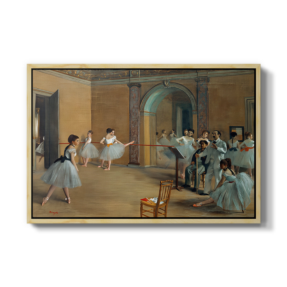 The Dance Foyer at the Opera on the Rue Le Peletier, 1872 by Edgar Degas in a natural wood floater framed canvas wall art display.