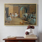 Natural wood floater framed canvas featuring The Dance Foyer at the Opera on the Rue Le Peletier, 1872 by Edgar Degas above an entryway table in a minimalist foyer.