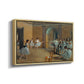 Angled view of The Dance Foyer at the Opera on the Rue Le Peletier, 1872 by Edgar Degas in a natural wood floater framed canvas.