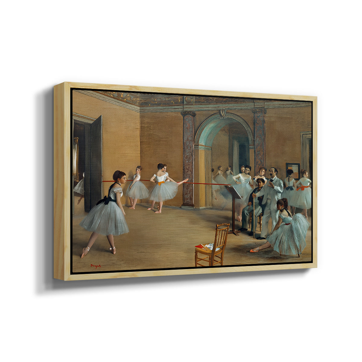 Angled view of The Dance Foyer at the Opera on the Rue Le Peletier, 1872 by Edgar Degas in a natural wood floater framed canvas.