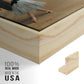 Close-up of the natural wood floater frame corner and gallery wrapped canvas construction.